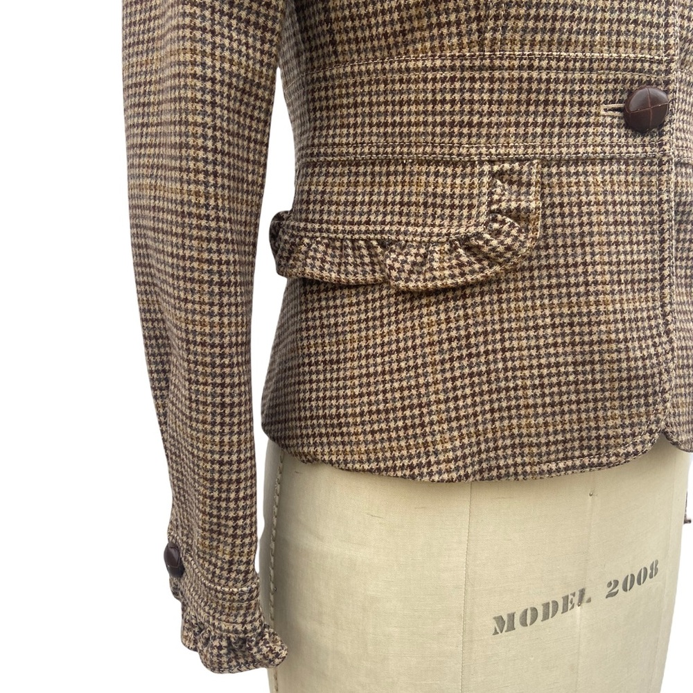 J. Crew Brown Tweed Houndstooth Wool Ruffle Trim Jacket Blazer - Picture 4 of 8